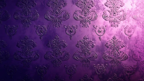 Embossed violet damask wallpaper shows glossy ornate pattern