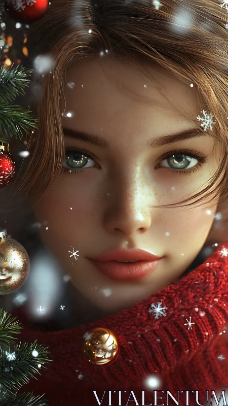 Winter portrait shows young woman framed by Christmas tree