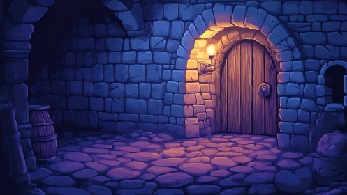 Medieval stone dungeon corridor with glowing wooden door.