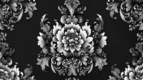 Monochrome baroque floral relief with symmetric digital ornamentation.
