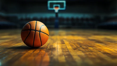 Basketball rests on polished indoor court under hoop focus