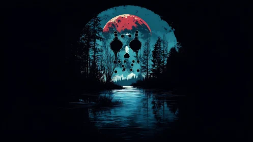 Moonlit forest lake forming eerie masked silhouette.