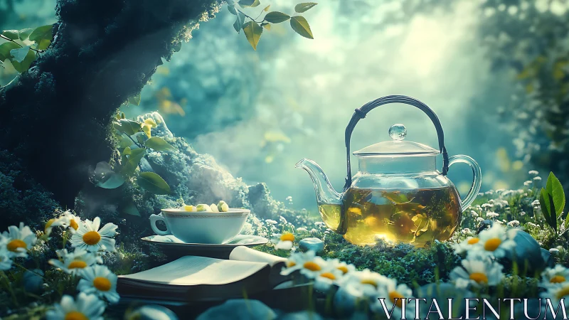 Glass teapot and teacup sit among daisies in sunlit forest