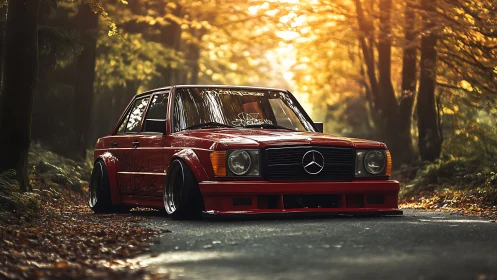 Lowered red classic Mercedes stands on forest road at dusk
