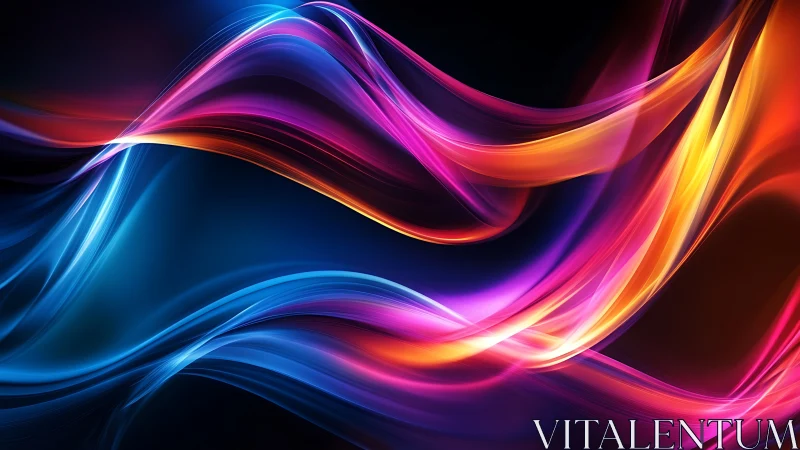 Colorful flowing light waves on dark abstract background.