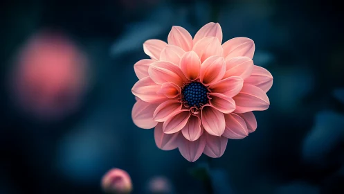 Pink Dahlia Bloom Against Deep Blue Background.