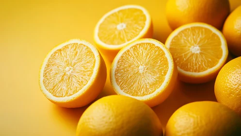 High resolution citrus halves and whole fruit on yellow surface.