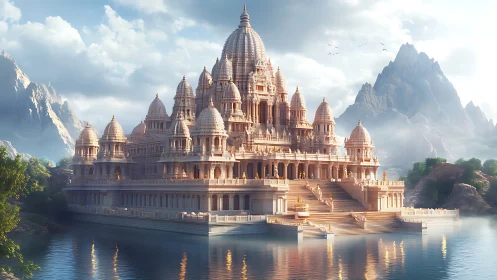 Sunlit marble temple rises serenely above misty mountain lake