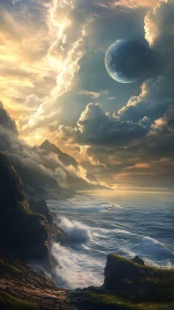 Coastal cliffs meet turbulent sea under massive alien planet