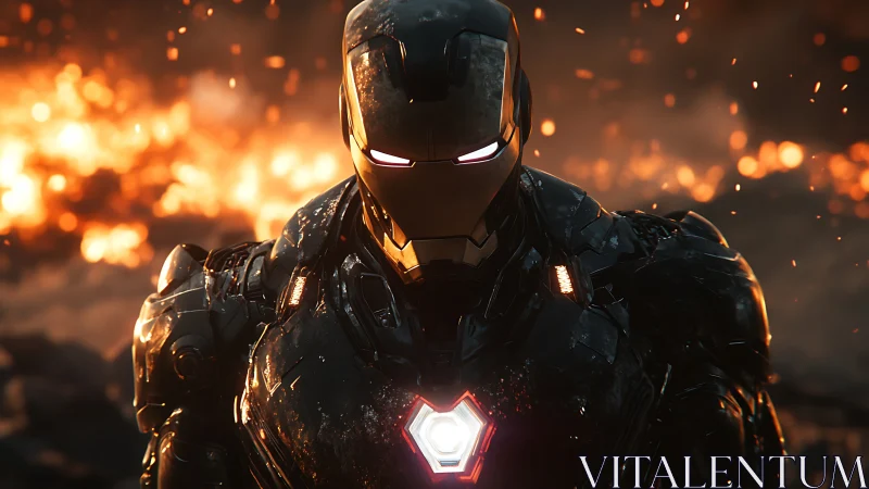 Armored humanoid figure stands before intense fiery background