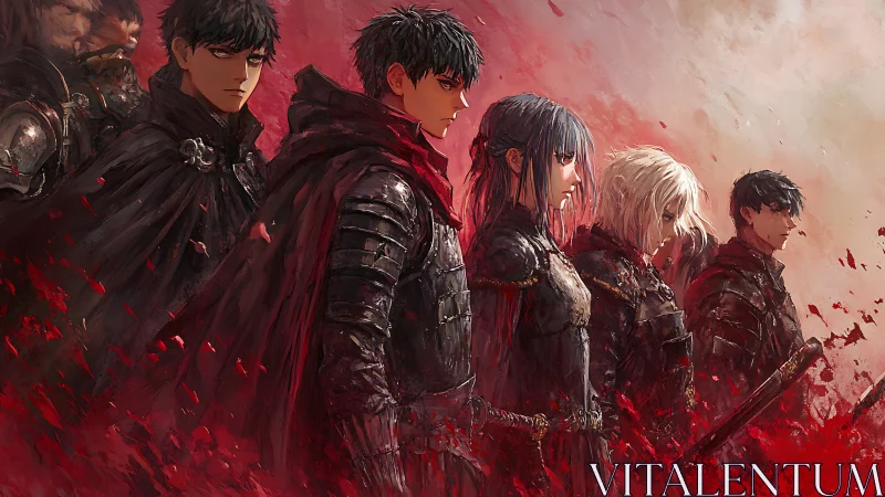 Battle-worn warriors in crimson storm, cinematic side profile.