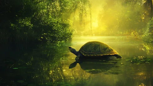Sunlit forest pond with contemplative turtle in stillness.