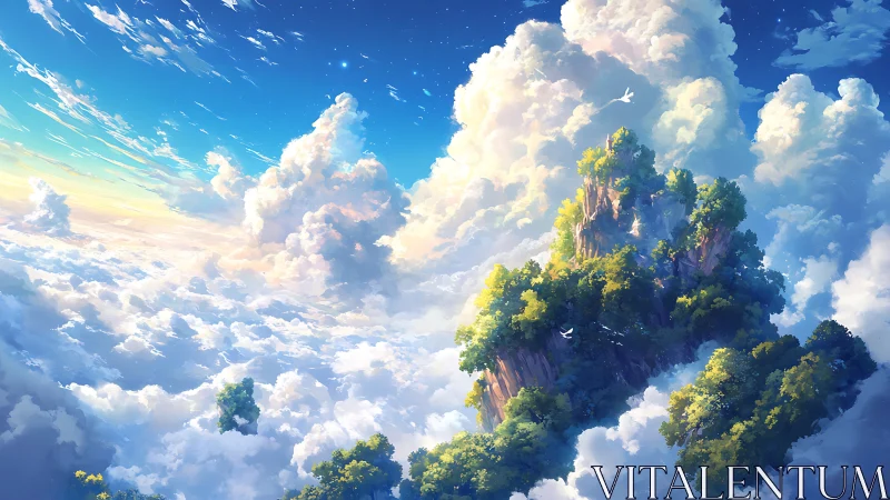 Sunlit floating island drifting gently through soft clouds.