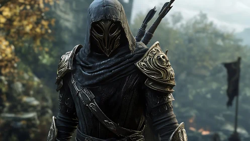 Hooded armored ranger stands alert in misty forest valley