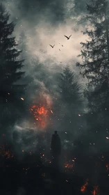 Cloaked figure in burning conifer forest, cinematic vertical digital painting.