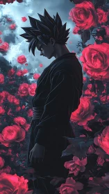 Spiky haired figure in dark robe amid dense red roses.