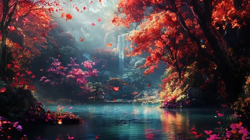 Luminous autumn glade with waterfall and reflective forest pool.