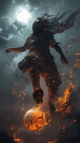 Fiery moonlit soccer hero charging through swirling sparks.
