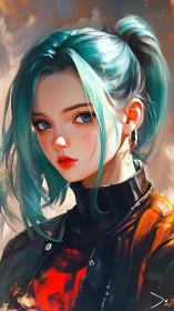 Digital portrait of teal haired girl in leather jacket.