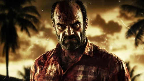 Bloodied man glares under a stormy tropical sunset sky