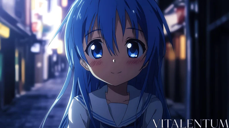 Blue haired anime girl in school uniform at night street.