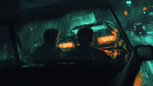 Cinematic neon car chase rendered in moody cyber-noir palette