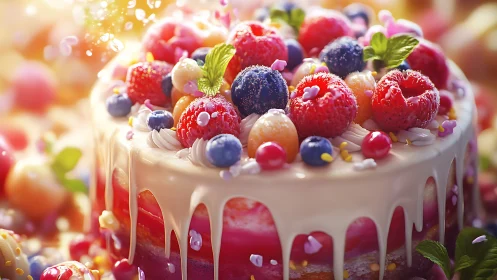 Artisanal Mixed Berry Layer Cake with Cream Drip and Fresh Fruit Garnish.