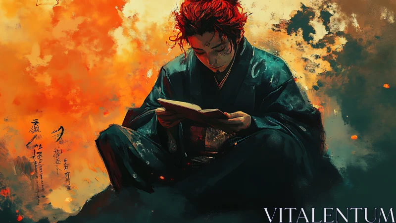Solitary kimono-clad reader amid turbulent fiery brushwork dynamics