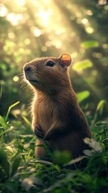 Sunlit forest capybara gazes upward in quiet wonder.