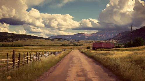 Sunlit country road leads toward distant storm-lit mountains