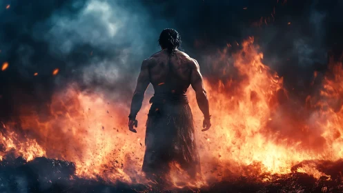 Fire-forged warrior strides through an ember-soaked inferno.