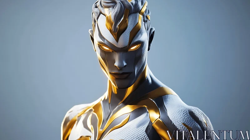 Silver and gold futuristic humanoid with glowing eyes.