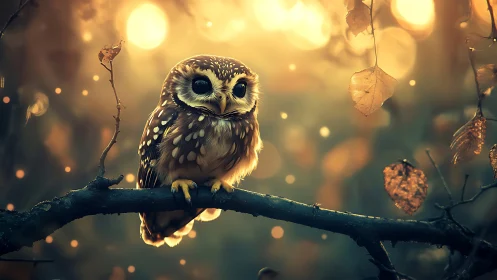 Enchanting owl perched on branch in dreamy autumn forest scene.
