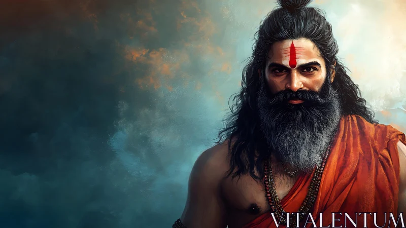 Stoic Hindu sage stands against a storm-lit celestial sky