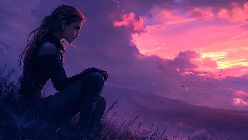 Solitary warrior contemplates under a blazing violet sunset