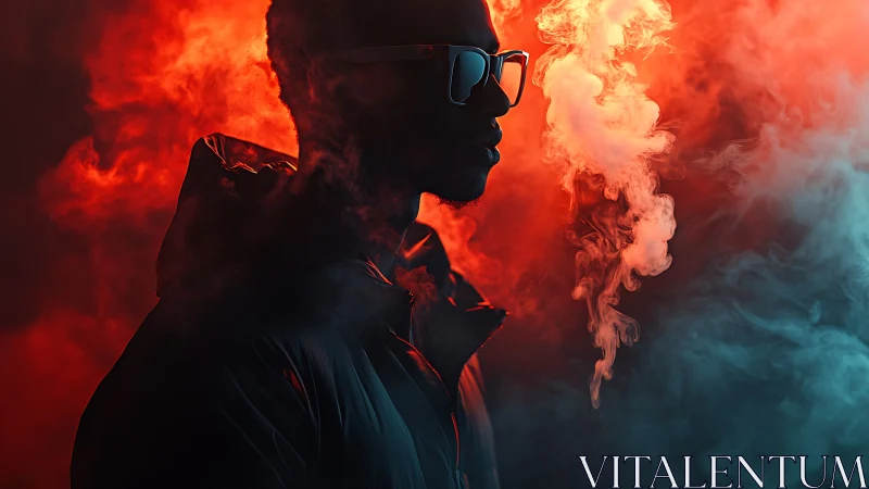 Silhouetted man in neon smoke with dual red cyan lighting.