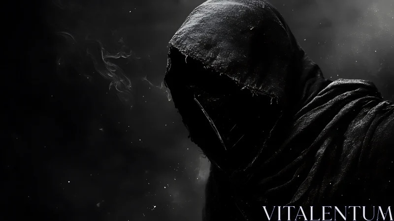 Shadowed hooded figure emerging from swirling darkness.