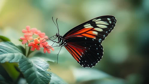 Monarch-like butterfly on coral flowers in soft focus garden.