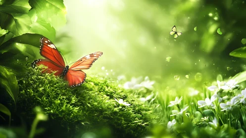 Orange butterfly rests in glowing, dreamlike forest light.