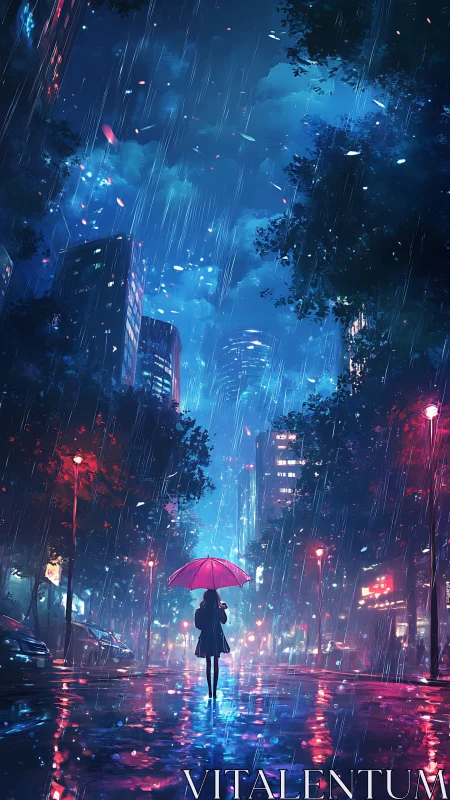 Midnight rain conducts neon dreams around a lone umbrella