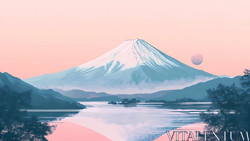 Glacial stratovolcano over pastel lake with atmospheric scattering.