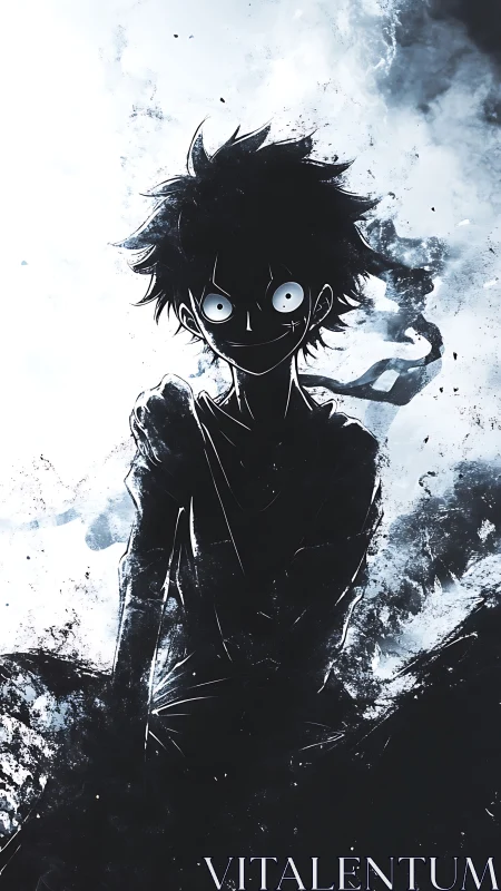 High-contrast monochrome anime silhouette with chaotic ink clouds