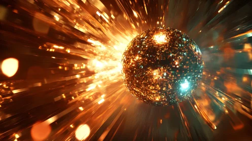 Shimmering Disco Ball in Motion with Radiant Light Burst Effect.