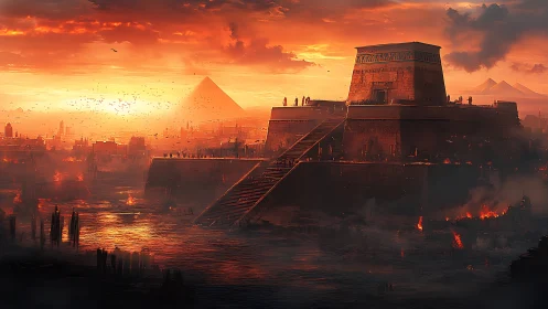 Sunken temple citadel smoldering beneath a bloodred dusk.