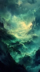 Storm-lit ethereal canyon with layered fog volumes and cyan glow