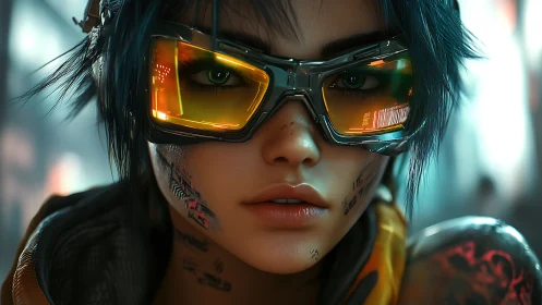 Cyberpunk rebel with neon visor stares down the future.