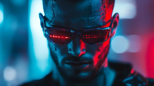Cybernetic lone hacker framed in neon blue and red glow.