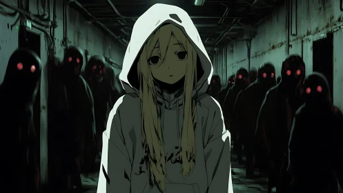 Hooded girl walks corridor flanked by red-eyed shadows.