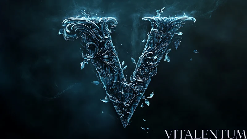Icy ornamental letter V glowing in deep teal mist.