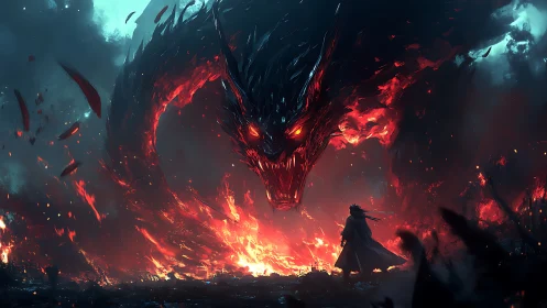 Human figure confronts large fire-formed dragon in dark void